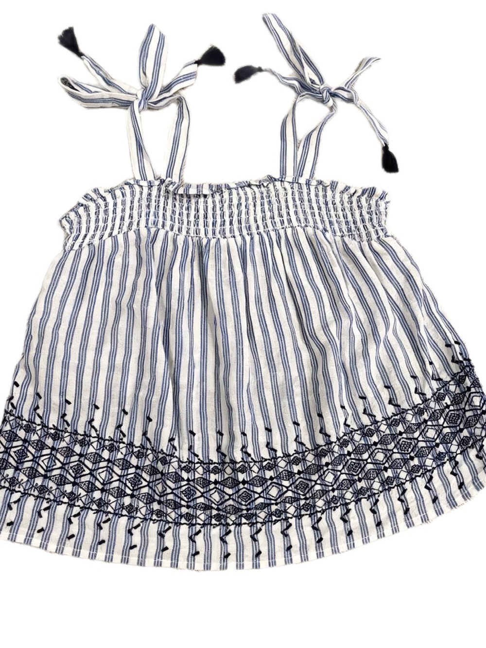 Smocked Bodice Tie Shoulder Tassel Ties Babydoll Boho Old Navy Top Size XS